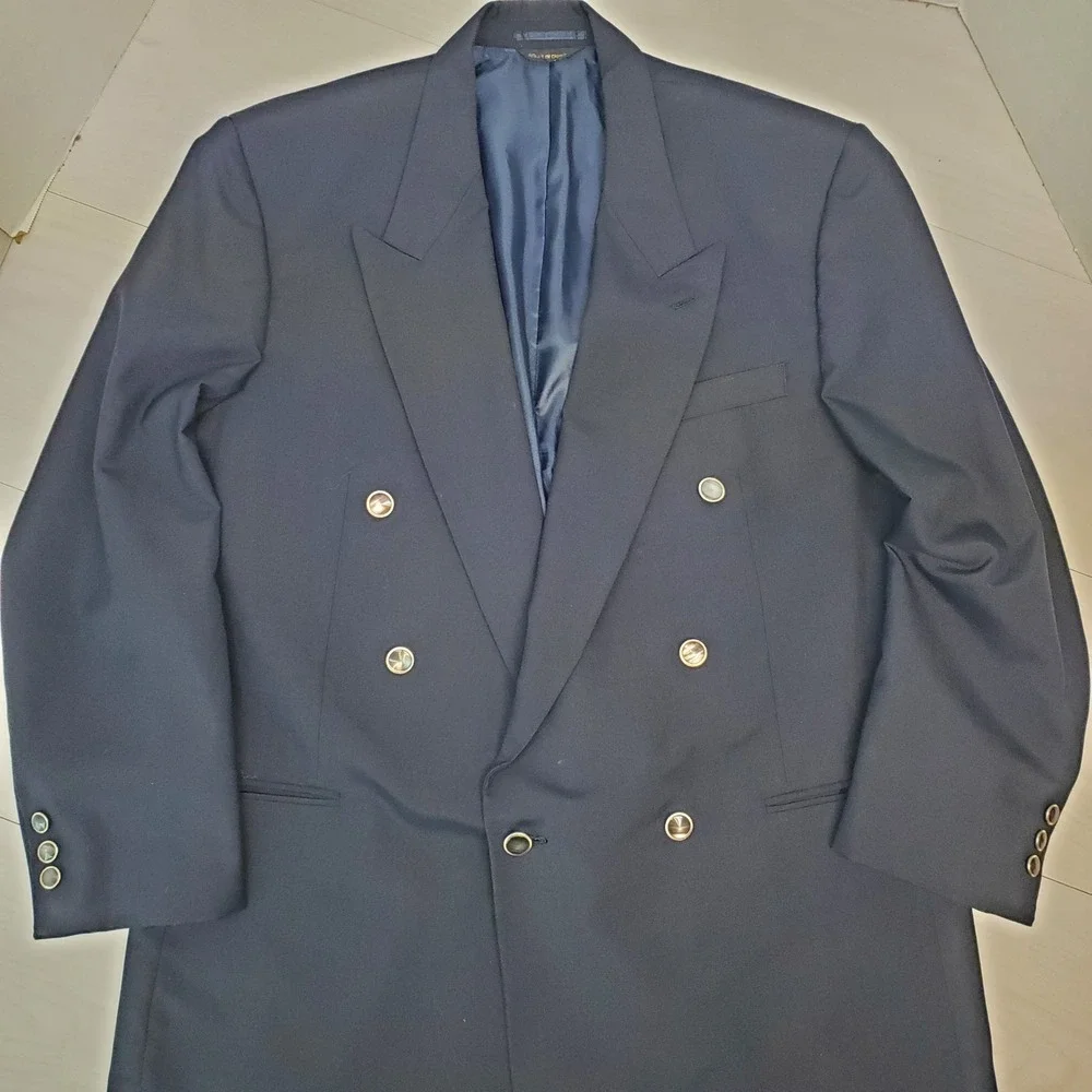 Gino Cappelli Mens Navy Blue Double Breasted Blazer Wool Blend 42L Vntg 80s 90s